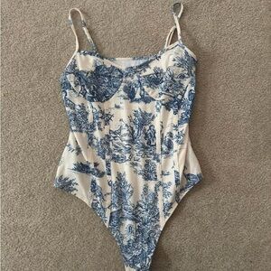 Elegant Blue and White Toile Print Bodysuit